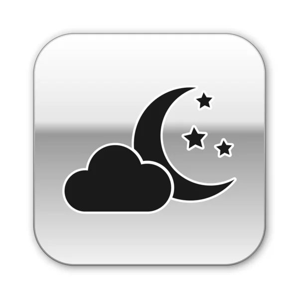 白い背景に隔離された月と星のアイコンを持つ黒い雲。曇りの夜の兆候。睡眠の夢のシンボル。夜または就寝の時間サイン。シルバーの正方形のボタン。ベクトルイラストレーション — ストックベクタ