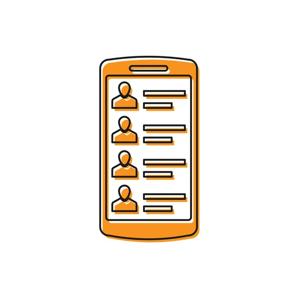 Orange Smartphone with contacts on screen icon isolated on white background. Incoming call. People on phone screen. Call contact. Vector Illustration — Stock Vector