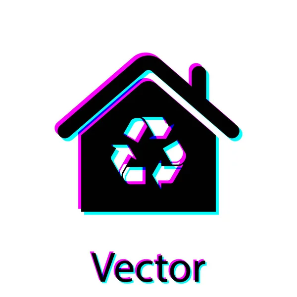 Black Eco House con icono de símbolo de reciclaje aislado sobre fondo blanco. Ecología hogar con flechas de reciclaje. Ilustración vectorial — Vector de stock
