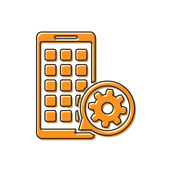 Orange Mobile Apps e ícone de engrenagem isolado no fundo branco. Ajustar aplicativo, conceito de serviço, opções de configuração, manutenção, reparo, fixação. Ilustração vetorial —  Vetores de Stock