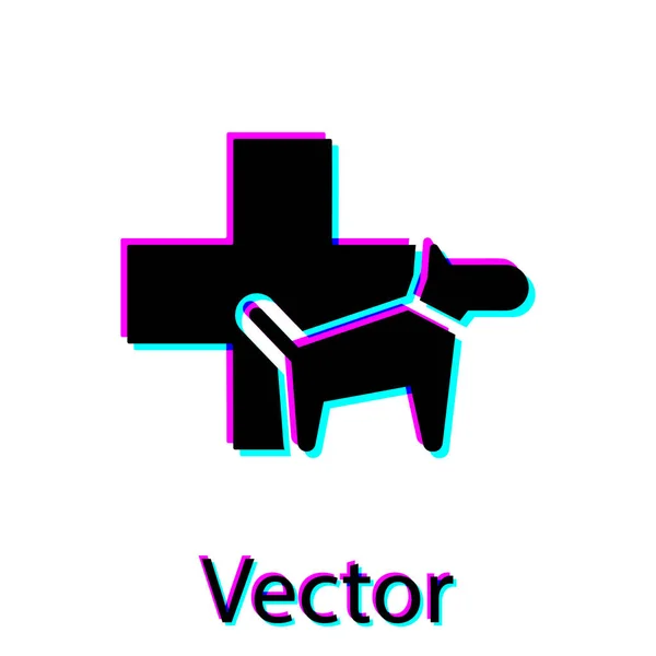 Icono del símbolo de la clínica veterinaria negra aislado sobre fondo blanco. Cruza con la atención veterinaria del perro. Signo de primeros auxilios. Ilustración vectorial — Vector de stock