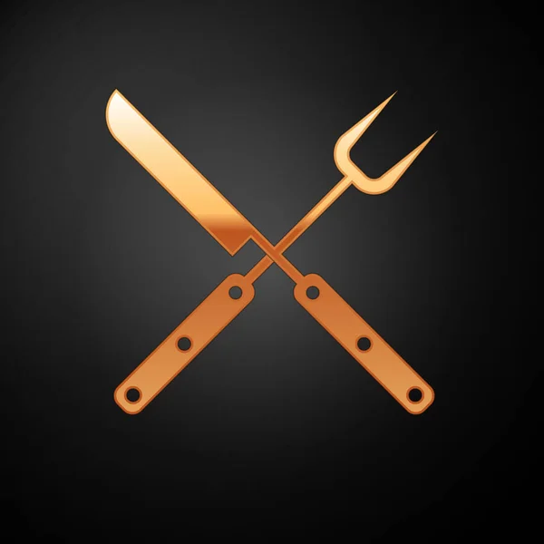 Gouden gekruiste mes en spatel icoon geïsoleerd op zwarte achtergrond. BBQ-mes en spatel teken. Barbecue-en grill gereedschap. Vector illustratie — Stockvector