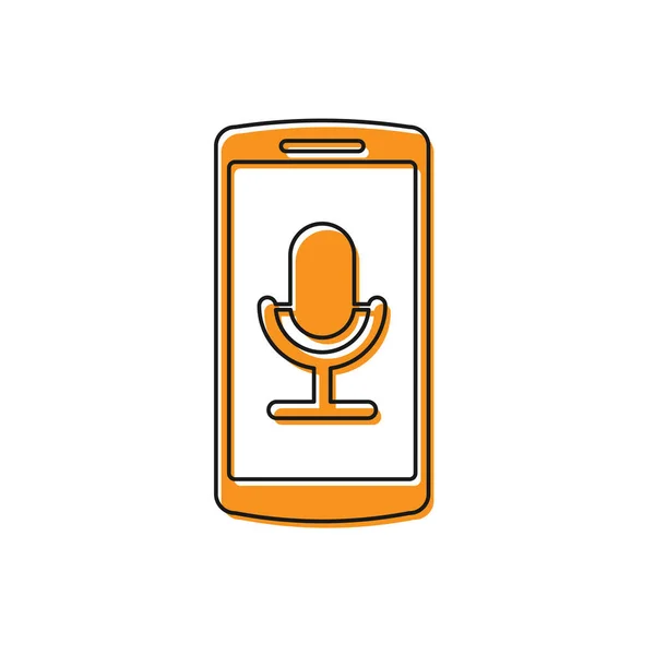 Pomarańczowa ikona nagrywania Mobile na białym tle. Telefon komórkowy z mikrofonem. Interfejs smartfona aplikacji Dyktafon. Ilustracja wektorowa — Wektor stockowy