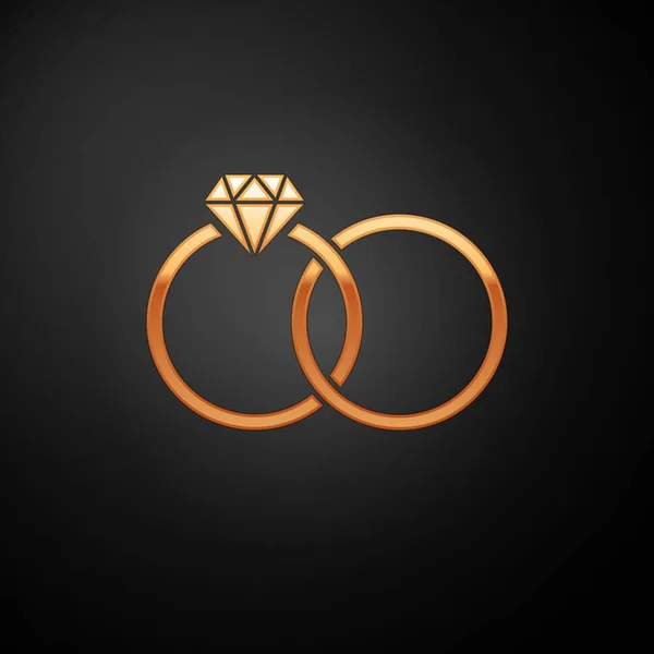 Gouden trouwringen pictogram geïsoleerd op zwarte achtergrond. Bruid en bruidegom sieraden teken. Huwelijk pictogram. Diamantring. Vector illustratie — Stockvector
