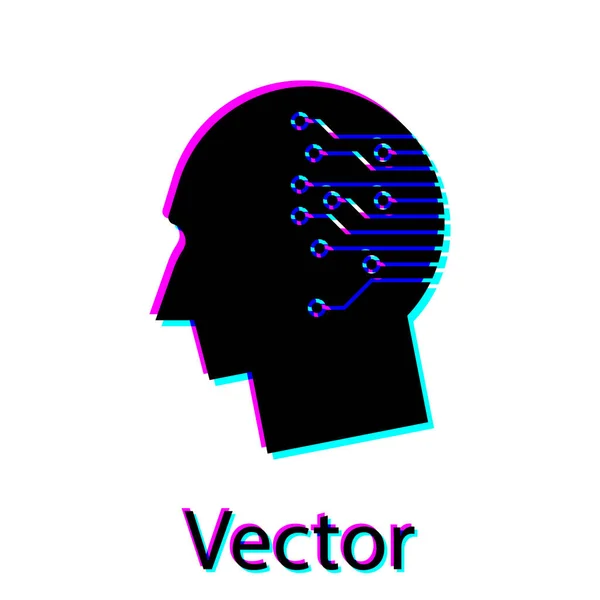 Black Human brain as digital circuit board icon isolated on white background. Artificial Intelligence. Human head outline with circuit lines inside. Vector Illustration — Stock Vector