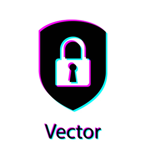 Seguridad Black Shield con icono de bloqueo aislado sobre fondo blanco. Protección, seguridad, seguridad con contraseña. Señal de privacidad de acceso al firewall. Ilustración vectorial — Vector de stock