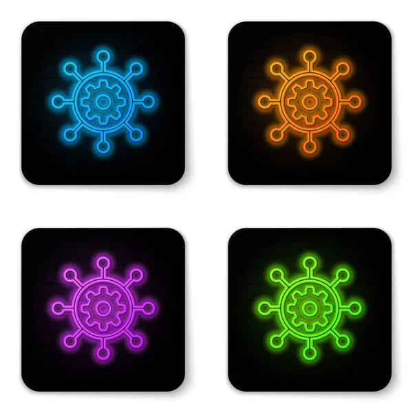 Glowing neon Project management icon isolated on white background. Hub and spokes and gear solid icon. Black square button. Vector Illustration — Stock Vector