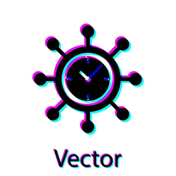 Horloge noire et icône d'engrenage isolé sur fond blanc. Symbole de gestion du temps. Concept d'entreprise. Hub et rayons et horloge icône solide. Illustration vectorielle — Image vectorielle