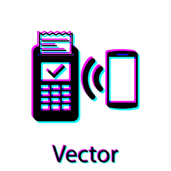Terminal POS negro con receptor impreso y confirma el pago por icono de teléfono inteligente aislado sobre fondo blanco. Concepto de pago NFC. Ilustración vectorial — Vector de stock