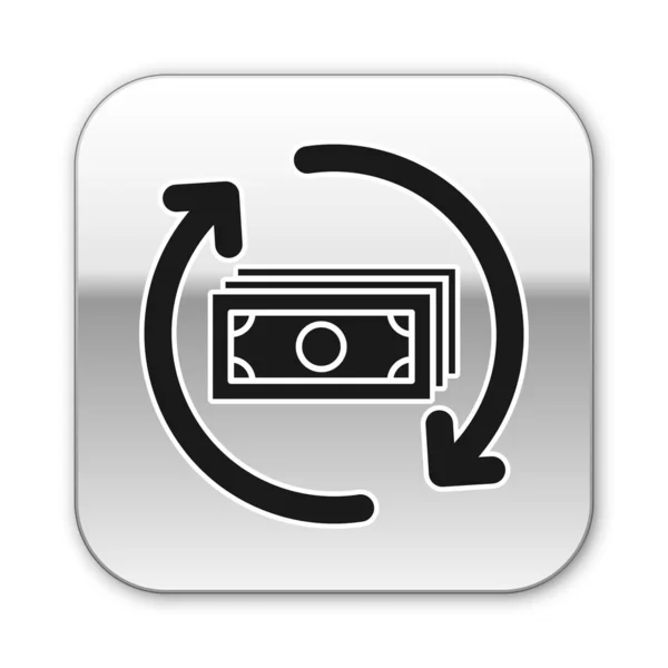 Black Refund money icon isolated on white background. Financial services, cash back concept, money refund, return on investment, savings account. Silver square button. Vector Illustration — Stock Vector