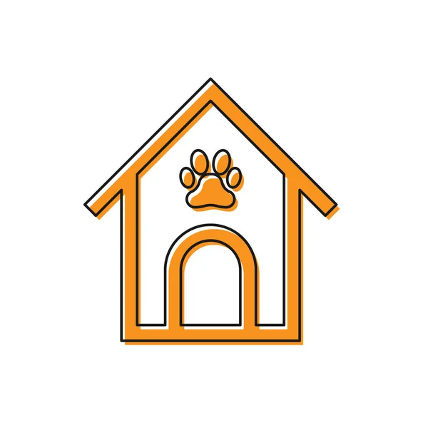 Icône de chien orange maison et patte imprimé animal isolé sur fond blanc. Chenil pour chien. Illustration vectorielle — Image vectorielle