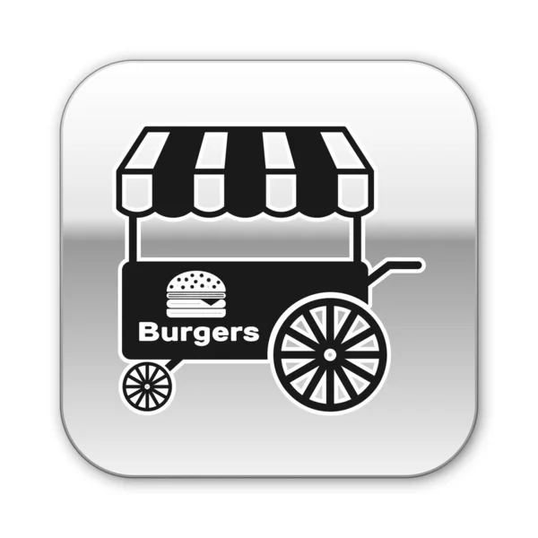 Black Fast utcai étel szekér a napellenző ikon elszigetelt fehér háttér. Burger vagy hamburger ikonra. Városi kioszk. Ezüst négyzet gombot. Vektoros illusztráció — Stock Vector
