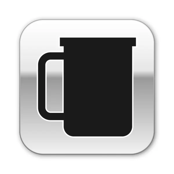 흰색 배경에 고립 된 블랙 커피 컵 플랫 아이콘입니다. 차 컵. 뜨거운 음료 커피. 실버 스퀘어 버튼. 벡터 일러스트레이션 — 스톡 벡터