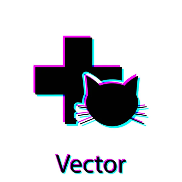 Schwarzes Symbol der Tierklinik isoliert auf weißem Hintergrund. Kreuzung mit tierärztlicher Betreuung für Katzen. Haustier-Erste-Hilfe-Schild. Vektorillustration — Stockvektor