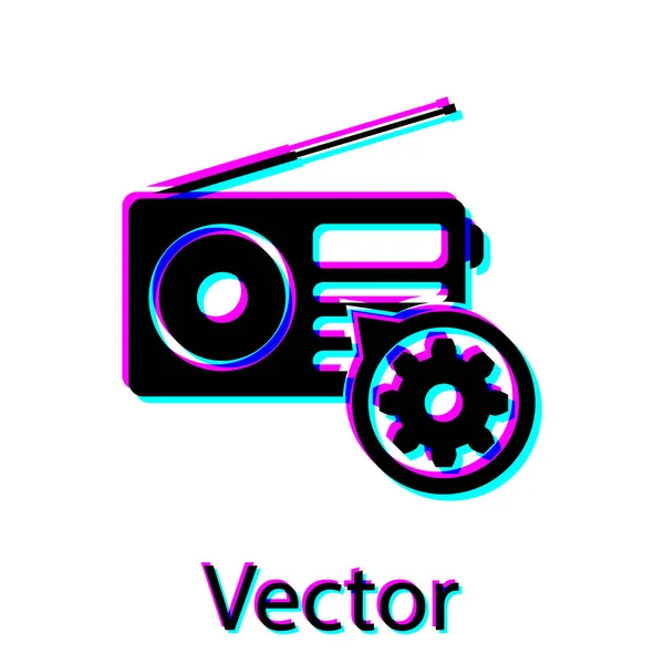 Radio noire avec antenne et icône d'engrenage isolés sur fond blanc. Réglage app, concept de service, options de réglage, entretien, réparation, réparation. Illustration vectorielle — Image vectorielle