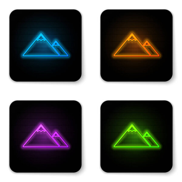 Glowing neon Mountains icon isolated on white background. Symbol of victory or success concept. Black square button. Vector Illustration