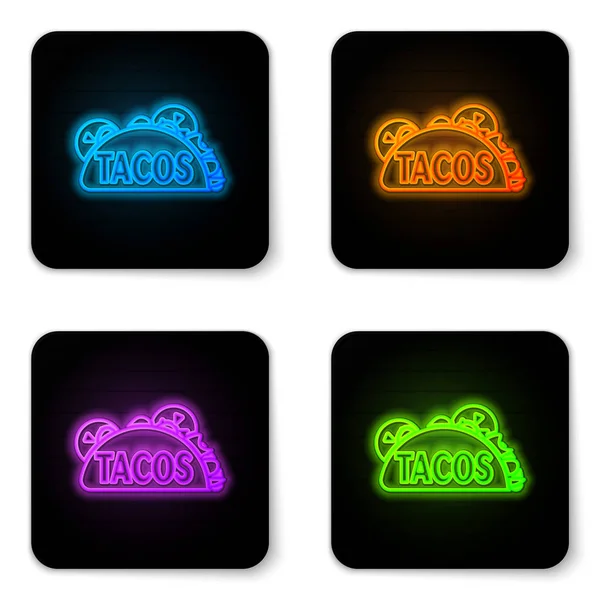 Glowing neon Taco with tortilla icon isolated on white background. Makanan cepat saji Meksiko tradisional. Tombol persegi hitam. Ilustrasi Vektor - Stok Vektor