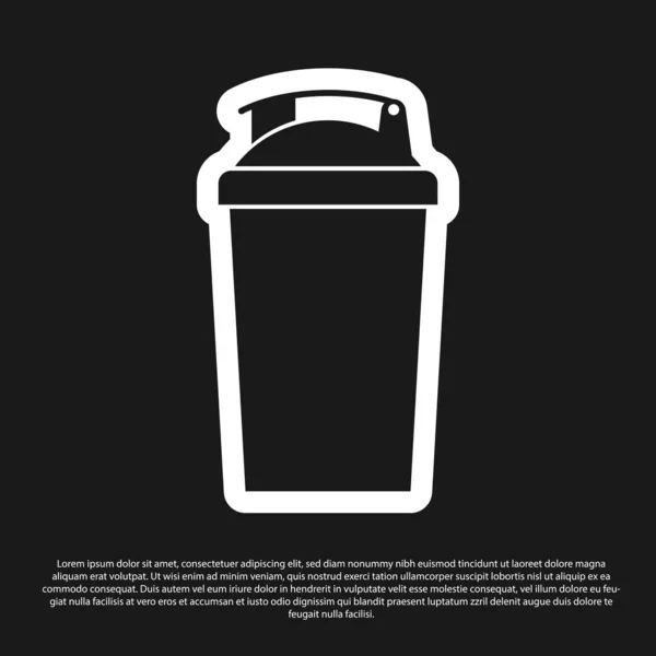 Czarna ikona shakera fitness na czarnym tle. Sportowa butelka shakera z pokrywką do koktajli wodnych i białkowych. Ilustracja wektorowa — Wektor stockowy