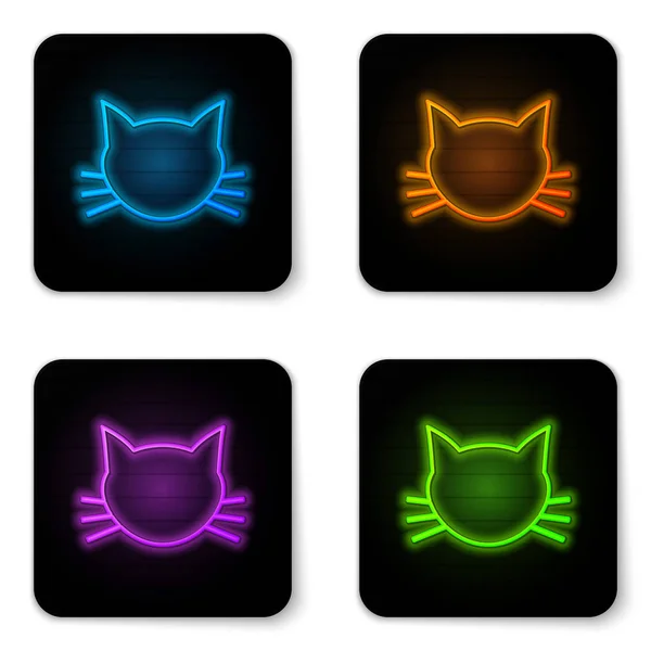 Beyaz arka planda yalıtılmış parlayan neon Cat simgesi. Siyah kare düğme. Vektör İllüstrasyonu