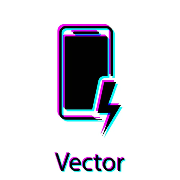 Ícone de bateria de carregamento Smartphone preto isolado no fundo branco. Telefone com bateria fraca. Ilustração vetorial — Vetor de Stock