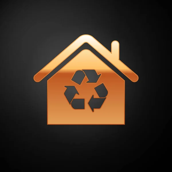 Gold-Öko-Haus mit Recycling-Symbol auf schwarzem Hintergrund isoliert. Ökologie zu Hause mit Recycling-Pfeilen. Vektorillustration — Stockvektor