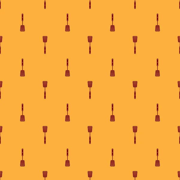 Röd grill spatel ikon isolerade sömlösa mönster på brun bakgrund. Kök spatel ikon. BBQ spatel tecken. Grill-och grillverktyg. Vektor illustration — Stock vektor