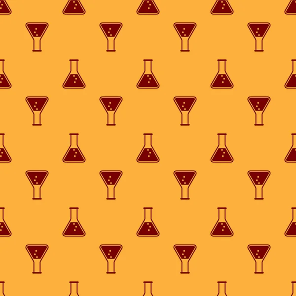 赤いテストチューブとフラスコ - 化学実験室のテストアイコンは茶色の背景にシームレスなパターンを分離しました。フラットなデザイン。ベクトルイラストレーション — ストックベクタ