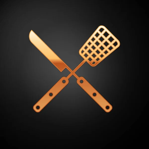 Fourchette croisée or et icône de couteau isolés sur fond noir. Fourchette barbecue et panneau couteau. Barbecue et outils de grill. Illustration vectorielle — Image vectorielle