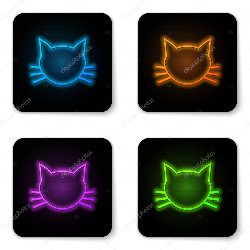 Glowing neon Cat icon isolated on white background. Black square button. Vector Illustration