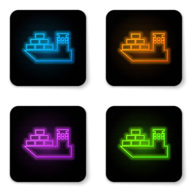 Beyaz arka planda izole parlayan neon Kargo gemi simgesi. Siyah kare düğme. Vektör İllüstrasyonu