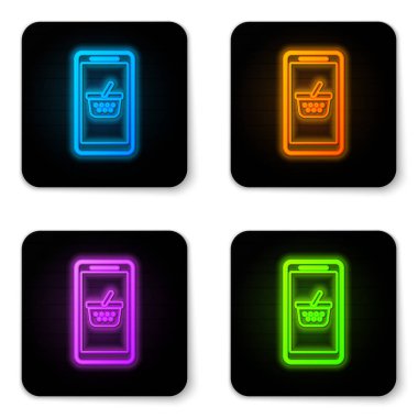 Parlayan neon Cep telefonu ve alışveriş sepeti simgesi beyaz arka plan üzerinde izole. Online satın alma sembolü. Süpermarket sepeti sembolü. Siyah kare düğme. Vektör İllüstrasyonu