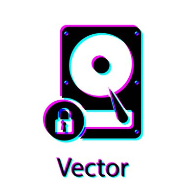 Siyah Sabit disk sürücüsü ve beyaz arka planda yalıtılmış kilit simgesi. Hhd ve asma kilit. Güvenlik, güvenlik, koruma konsepti. Vektör İllüstrasyonu