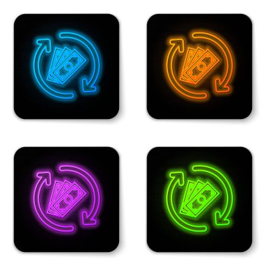 Beyaz arka planda yalıtılmış parlayan neon İade para simgesi. Finansal hizmetler, nakit iade kavramı, para iadesi, yatırım getirisi, tasarruf hesabı. Siyah kare düğme. Vektör İllüstrasyonu