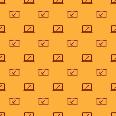 Dizüstü bilgisayar ve kazma simgesi ile Kırmızı Madencilik kavramı kahverengi arka plan üzerinde sorunsuz desen izole. Blockchain teknolojisi, kripto para madenciliği, dijital para piyasası. Düz tasarım. Vektör İllüstrasyonu