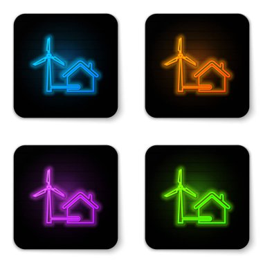 Beyaz arka plan üzerinde izole elektrik enerjisi üretimi simgesi için rüzgar türbini ile Parlayan neon House. Çevre dostu bir ev. Çevre Koruma. Siyah kare düğme. Vektör İllüstrasyonu