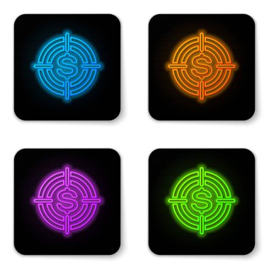 Beyaz arka planda izole dolar sembolü simgesi ile Parlayan neon Hedef. Yatırım hedef simgesi. Başarılı iş konsepti. Nakit veya Para işareti. Siyah kare düğme. Vektör İllüstrasyonu