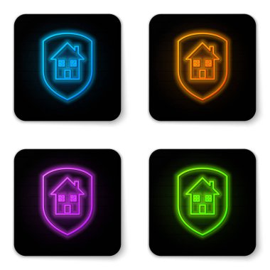 Beyaz arka plan üzerinde izole koruma simgesi altında Parlayan neon House. Ev ve kalkan. Koruma, güvenlik, güvenlik, koruma, savunma konsepti. Siyah kare düğme. Vektör İllüstrasyonu