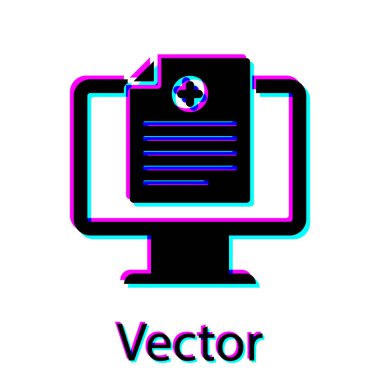 Beyaz arka planda izole edilmiş monitör simgesindeki Siyah Medikal klinik kayıt. Sağlık sigortası formu. Reçete, tıbbi kontrol izleri raporu. Vektör İllüstrasyonu