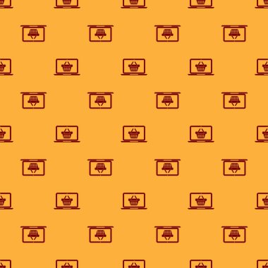 Ekran dizüstü bilgisayar simgesi kırmızı Alışveriş sepeti kahverengi arka plan üzerinde sorunsuz desen izole. Konsept e-ticaret, e-iş, online iş pazarlama. Düz tasarım. Vektör İllüstrasyonu
