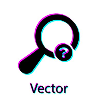 Siyah Bilinmeyen arama simgesi beyaz arka planda yalıtılmış. Büyüteç ve soru işareti. Vektör İllüstrasyonu