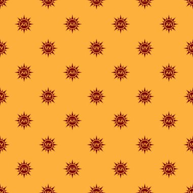 Kırmızı Uv koruma simgesi kahverengi arka plan üzerinde dikişsiz desen izole. Ultraviyole ışınları radyasyon. Spf güneş işareti. Düz tasarım. Vektör İllüstrasyonu
