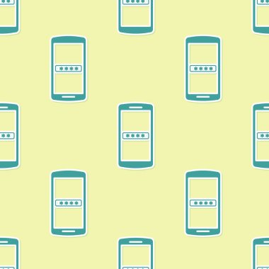 Yeşil Cep telefonu ve parola koruma simgesi sarı arka plan üzerinde sorunsuz desen izole. Güvenlik, güvenlik, kişisel erişim, kullanıcı izni, gizlilik. Vektör İllüstrasyonu