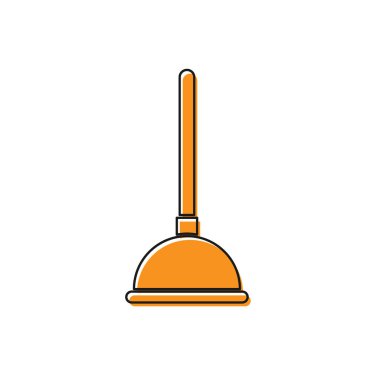 Beyaz arka planda izole edilmiş boru temizleme ikonu için ahşap saplı turuncu lastik pompa. Tuvalet pompası. Vektör İllüstrasyonu