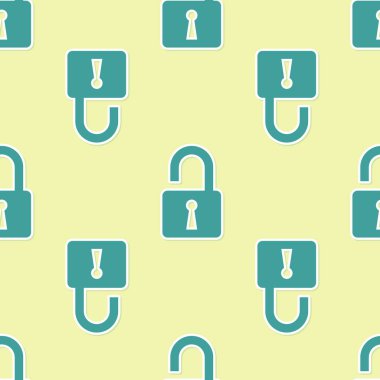 Yeşil Açık asma kilit simgesi sarı arka plan üzerinde sorunsuz desen izole. Kilit işaretini açtı. Siber güvenlik konsepti. Dijital veri koruması. Güvenlik güvenliği. Vektör İllüstrasyonu