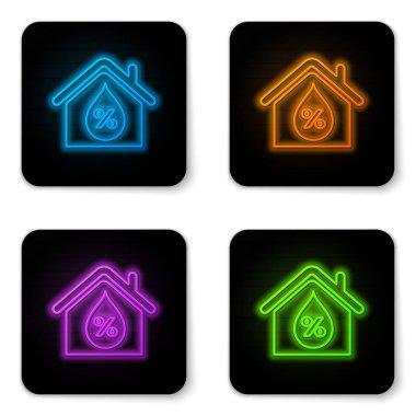 Beyaz arka planda izole parlayan neon House nem simgesi. Hava ve meteoroloji, termometre sembolü. Siyah kare düğme. Vektör İllüstrasyonu