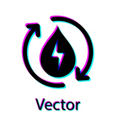 Siyah Geri Dönüşüm temiz aqua simgesi beyaz arka plan üzerinde izole. Su geri dönüşüm enerji sembolü. Geri dönüşüm ile su damlası. Su yenileme okları. Vektör İllüstrasyonu