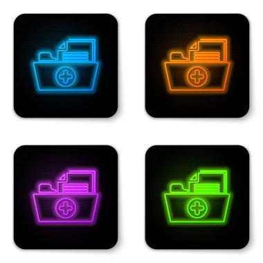 Beyaz arka planda yalıtılmış sağlık simgesi için parlayan neon Tıbbi sistem kaydı klasörü. Hasta dosya simgesi. Tıbbi tarih sembolü. Siyah kare düğme. Vektör İllüstrasyonu