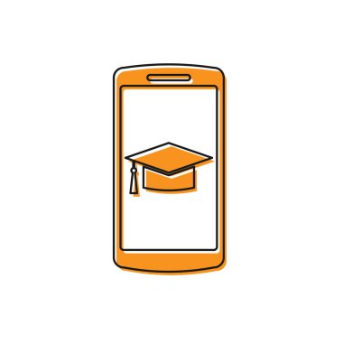 Beyaz arka planda izole edilmiş ekran akıllı telefon simgesituruncu Mezuniyet kapağı. Online öğrenme veya e-öğrenme kavramı. Vektör İllüstrasyonu