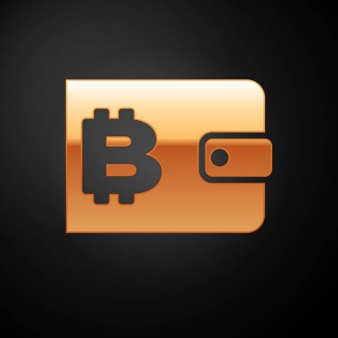Siyah arka planda yalıtılmış Altın Cryptocurrency cüzdan simgesi. Cüzdan ve bitcoin işareti. Madencilik konsepti. Para, ödeme, nakit, ödeme simgesi. Vektör İllüstrasyonu