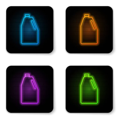 Parlayan neon Ev kimyasallar boş plastik şişe simgesi beyaz arka plan üzerinde izole. Sıvı deterjan veya sabun, leke çıkarıcı, çamaşır suyu. Siyah kare düğme. Vektör İllüstrasyonu